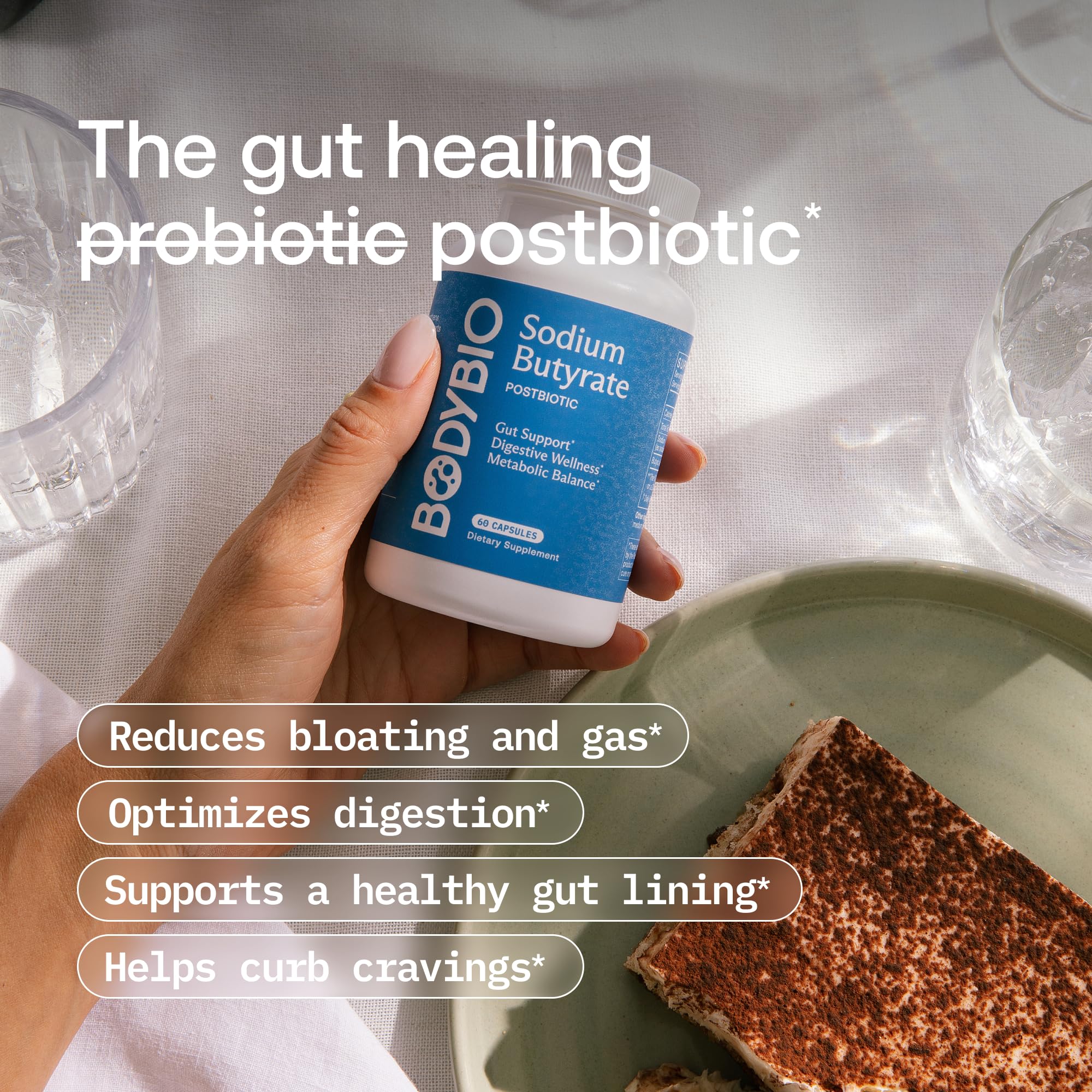 BodyBio Butyrate bottle on counter for easy routine.