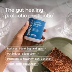 BodyBio Butyrate bottle on counter for easy routine.