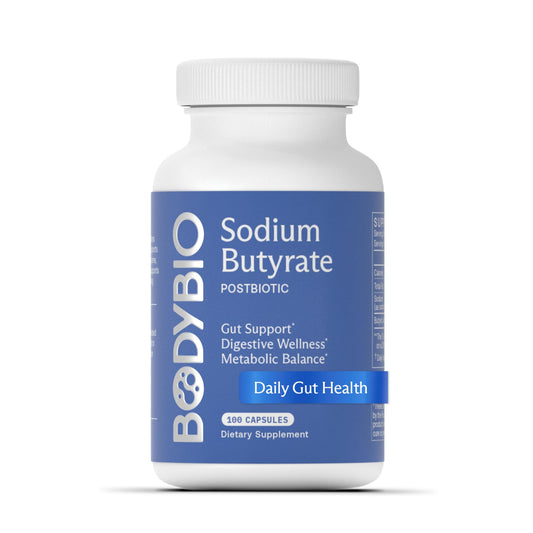 BodyBio Butyrate capsules bottle supports gut health and digestion.