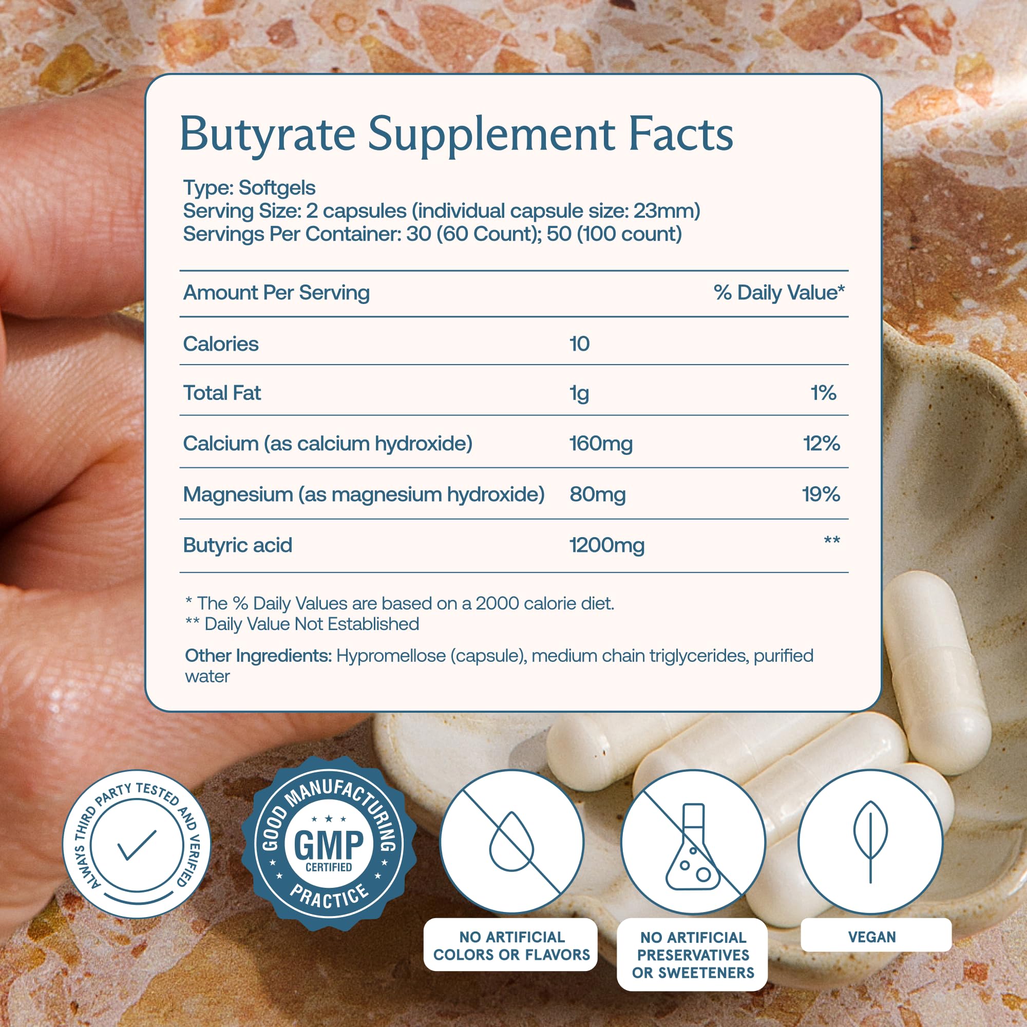 BodyBio Butyrate capsules close-up reveals vegan capsules and high purity.