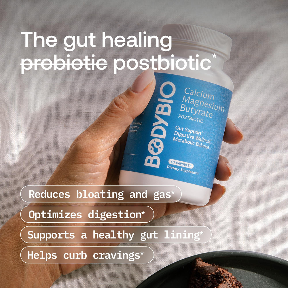 BodyBio Butyrate capsules on white background ready for daily use.