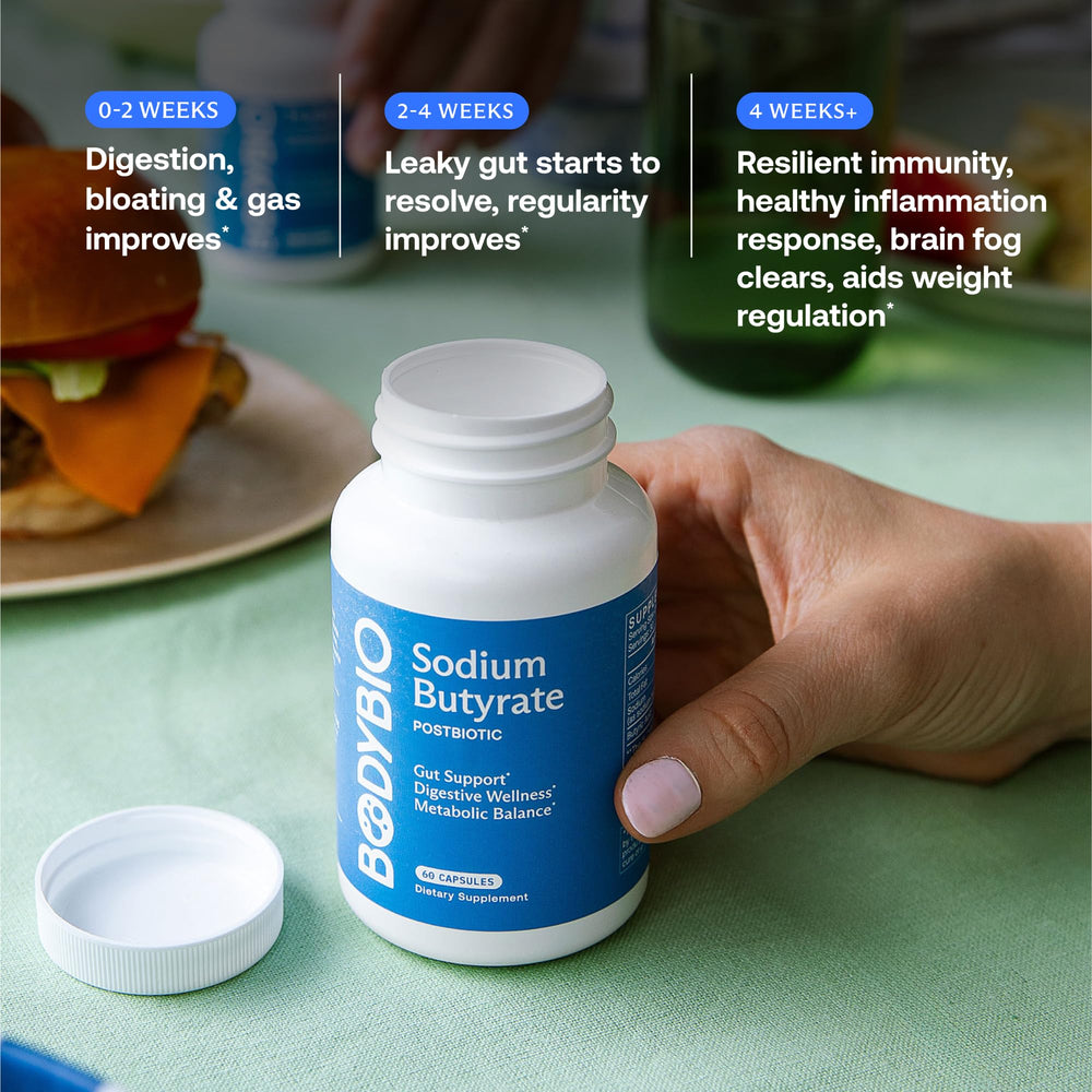 BodyBio Butyrate packaging beside lab testing badge signals quality.