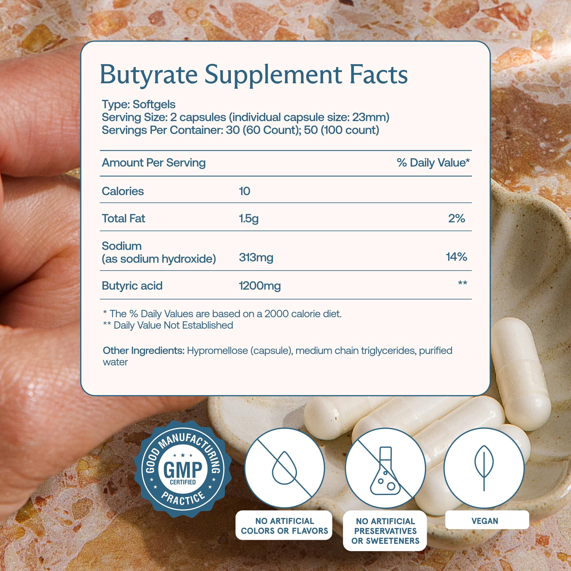 BodyBio Butyrate label front highlights clean ingredients and testing.