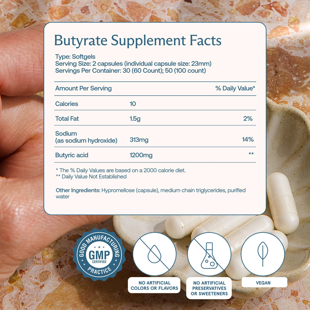 BodyBio Butyrate label front highlights clean ingredients and testing.