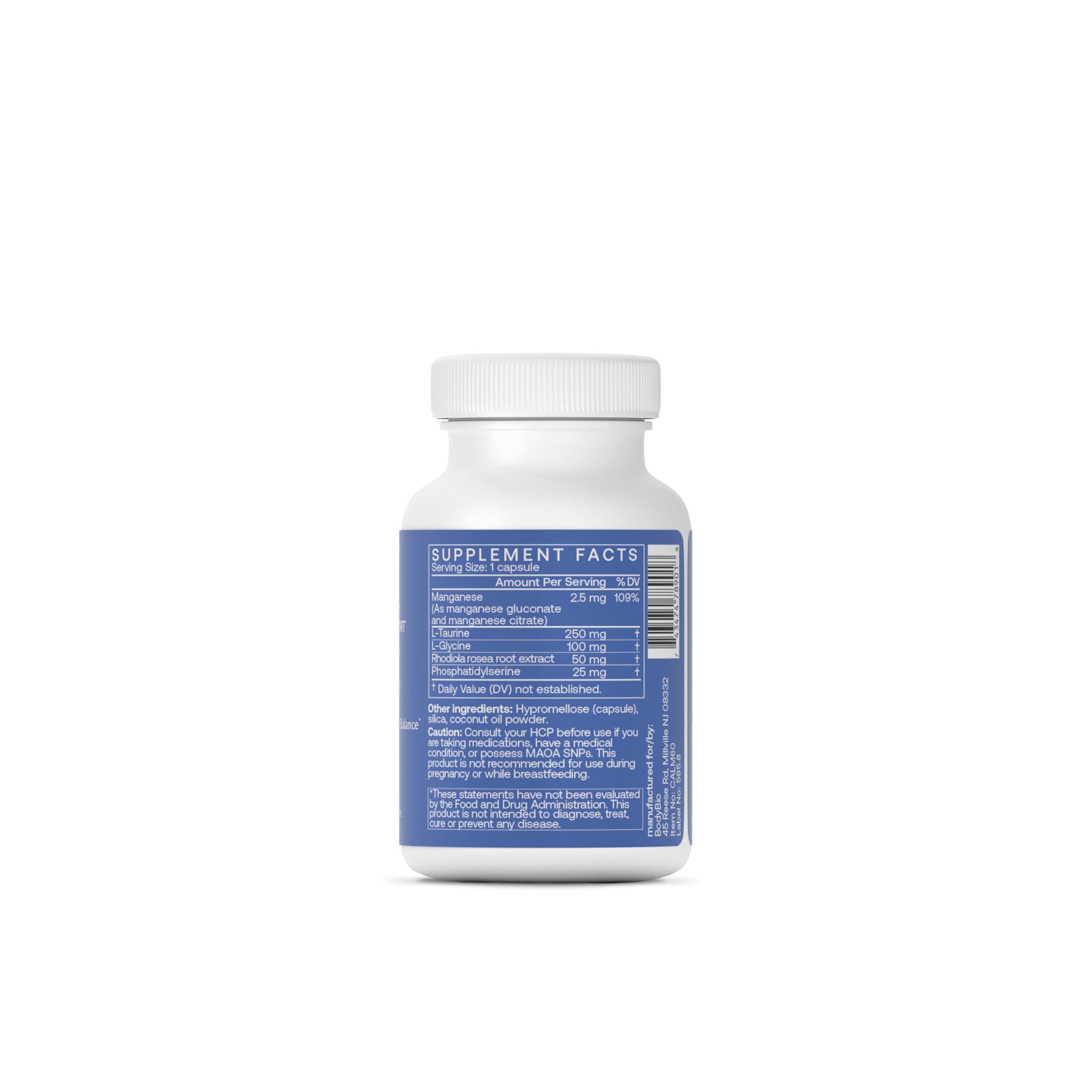 BodyBio Calm bottle back label highlighting ingredients for mood balance and focus