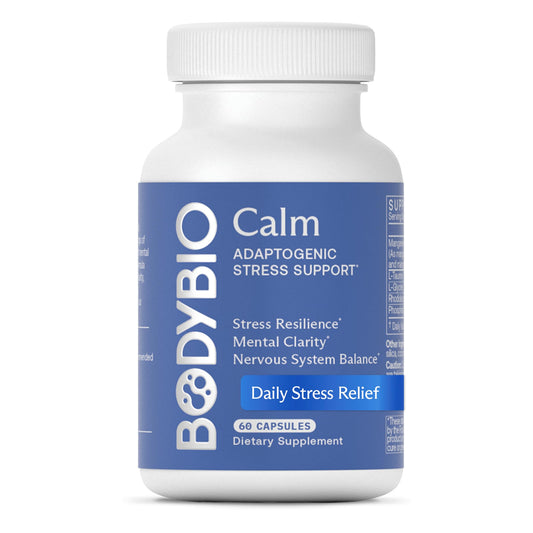 BodyBio Calm bottle front showing the natural stress relief blend
