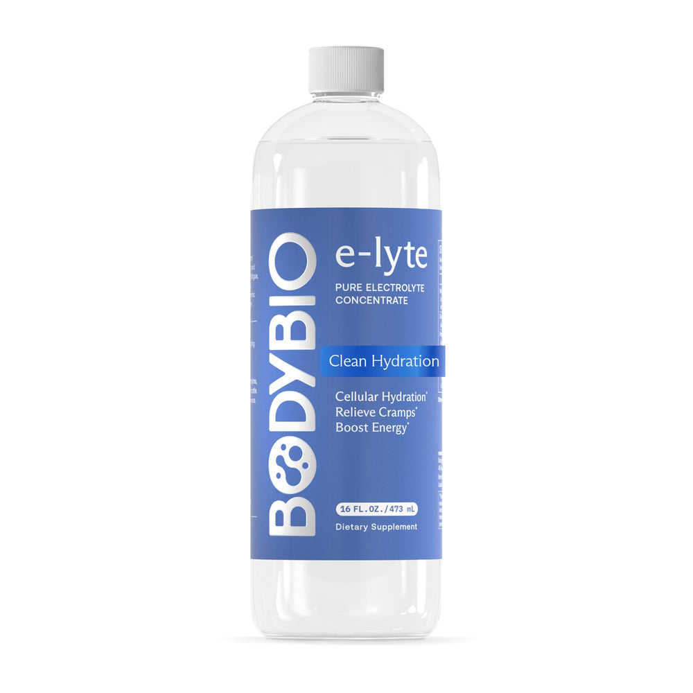 BodyBio e-Lyte bottle being poured for clean hydration.
