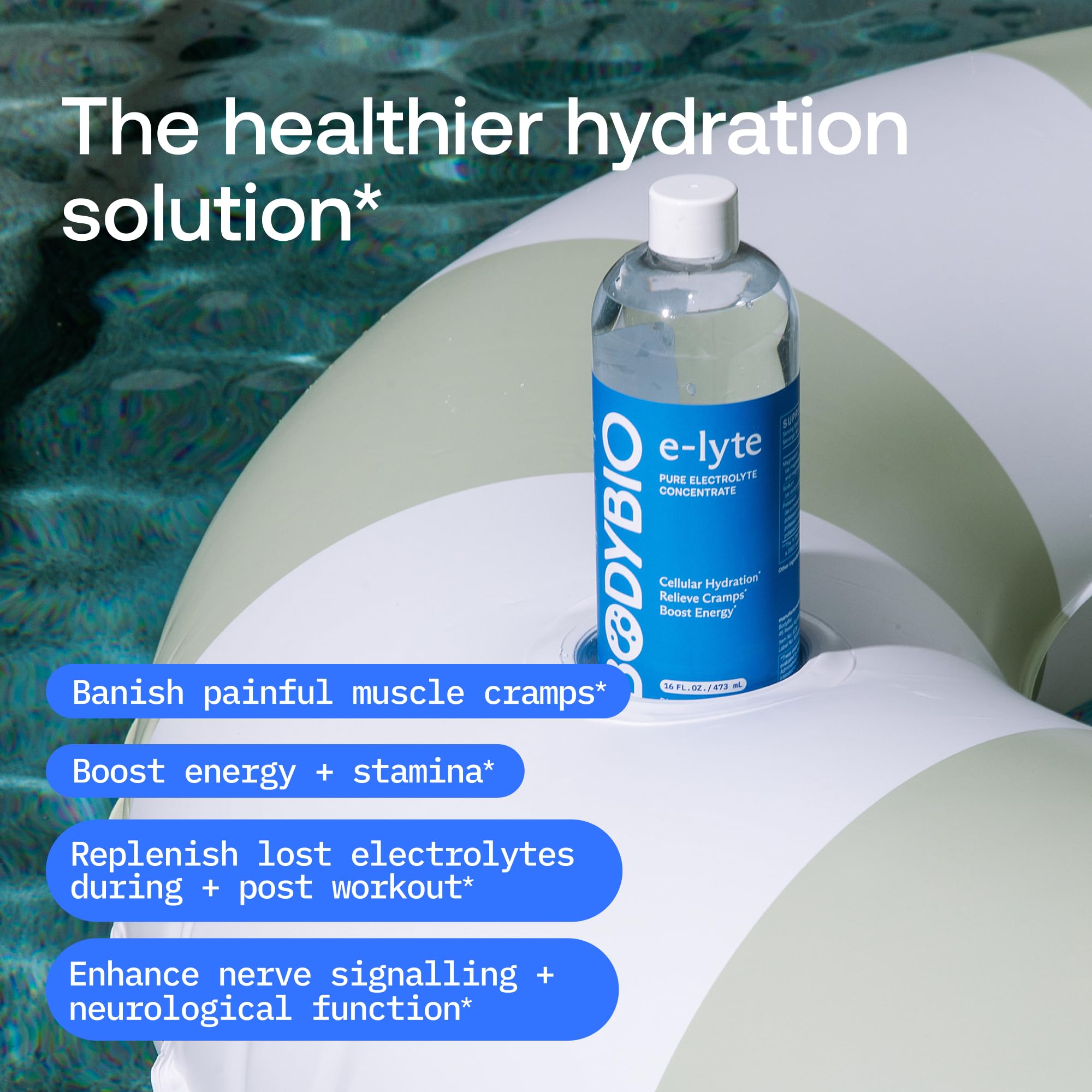 BodyBio e-Lyte glass filled for daily hydration.