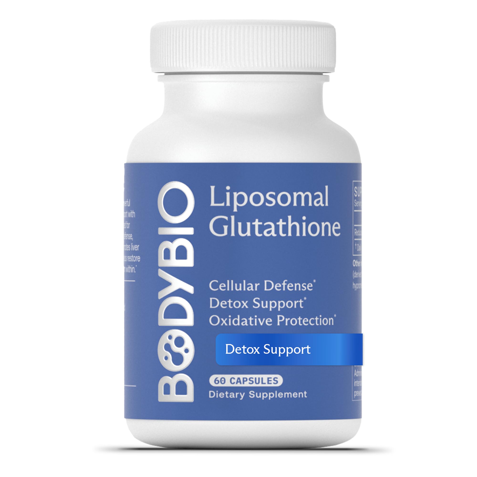 BodyBio Liposomal Glutathione bottle showcases enhanced absorption for cellular support.