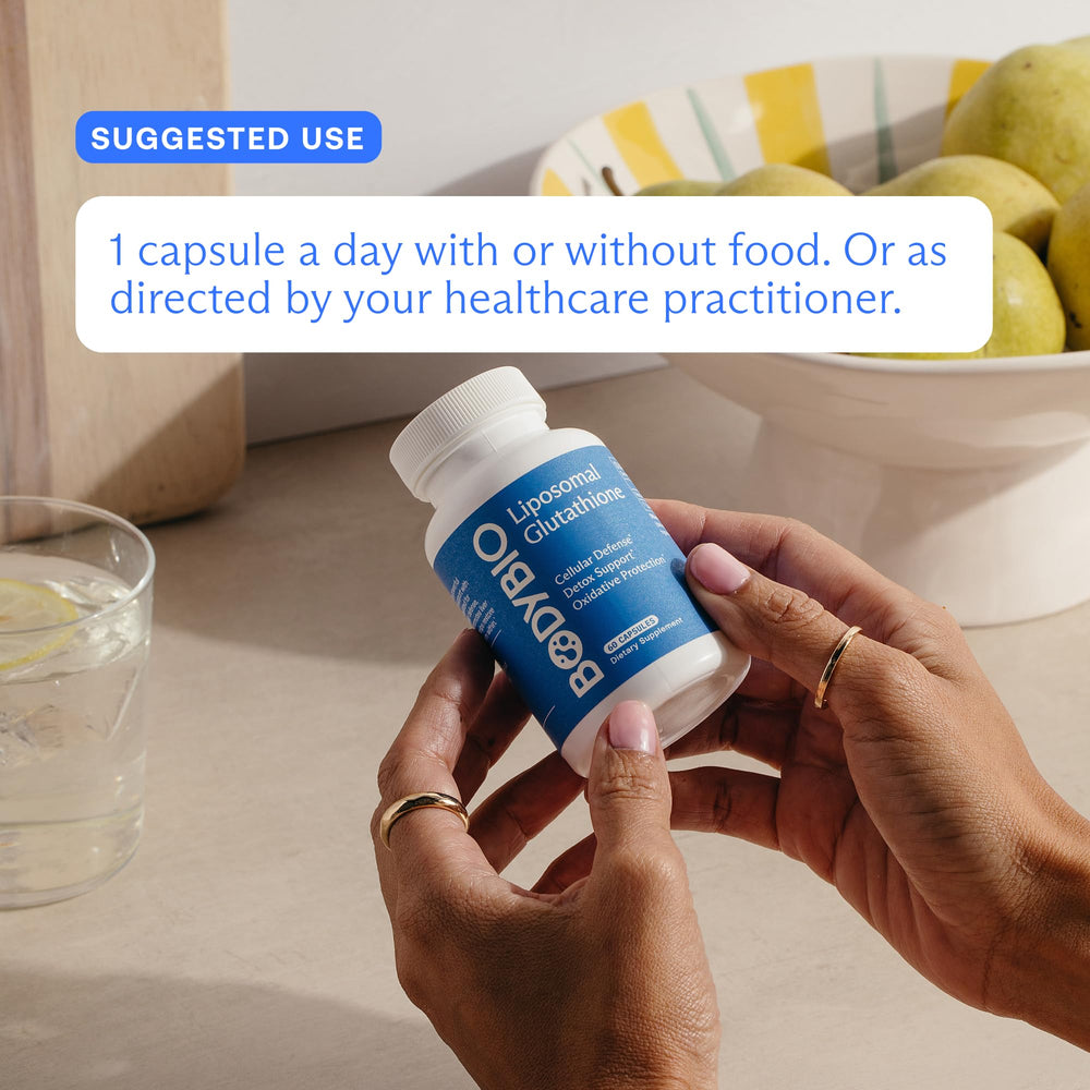 BodyBio Liposomal Glutathione label highlights product benefits and usage.