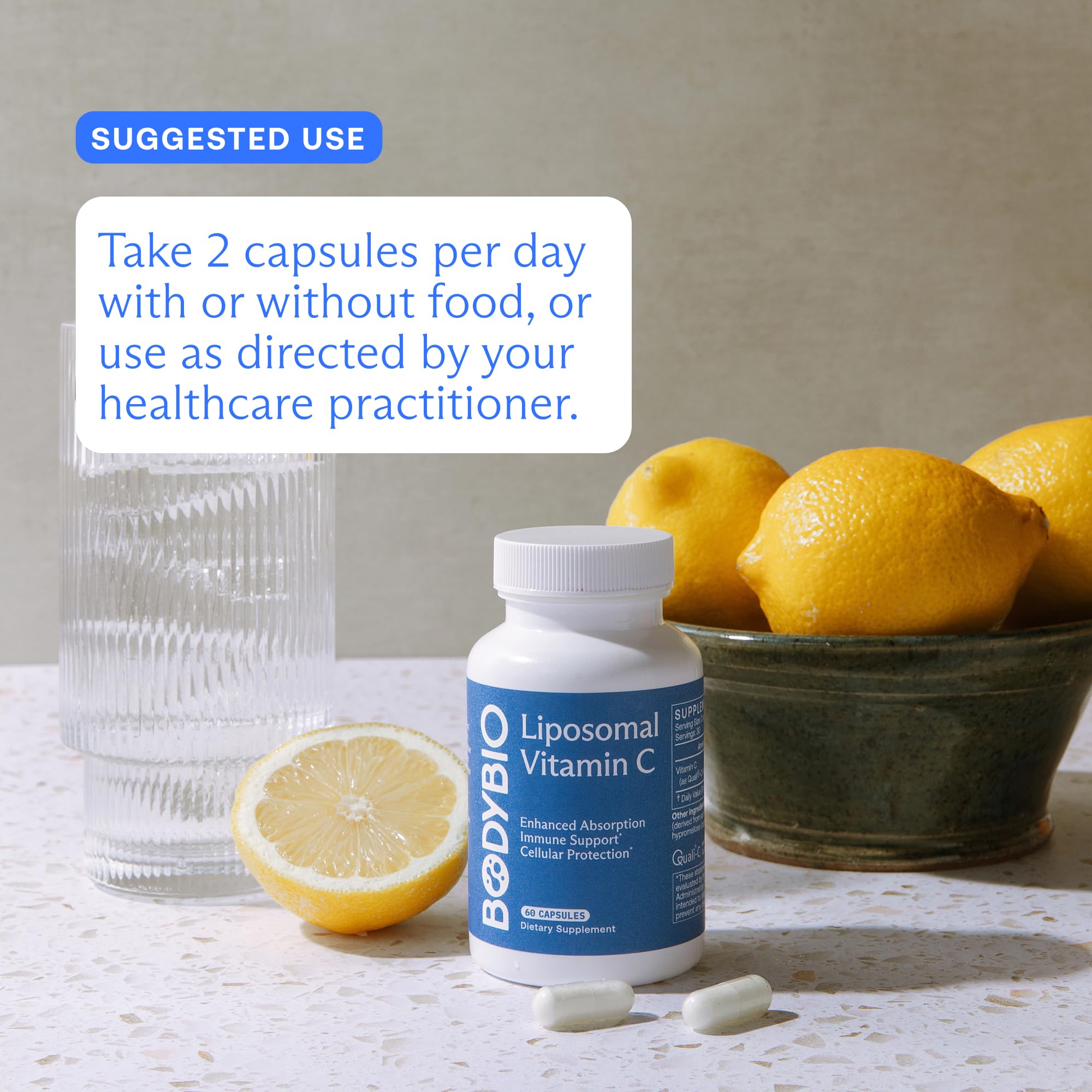 BodyBio Liposomal Vitamin C lab testing badge indicating quality checks