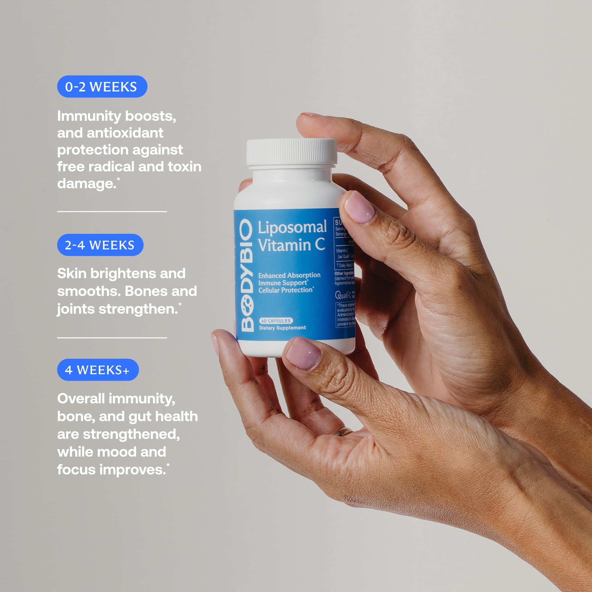 BodyBio Liposomal Vitamin C third-party certification seals on packaging