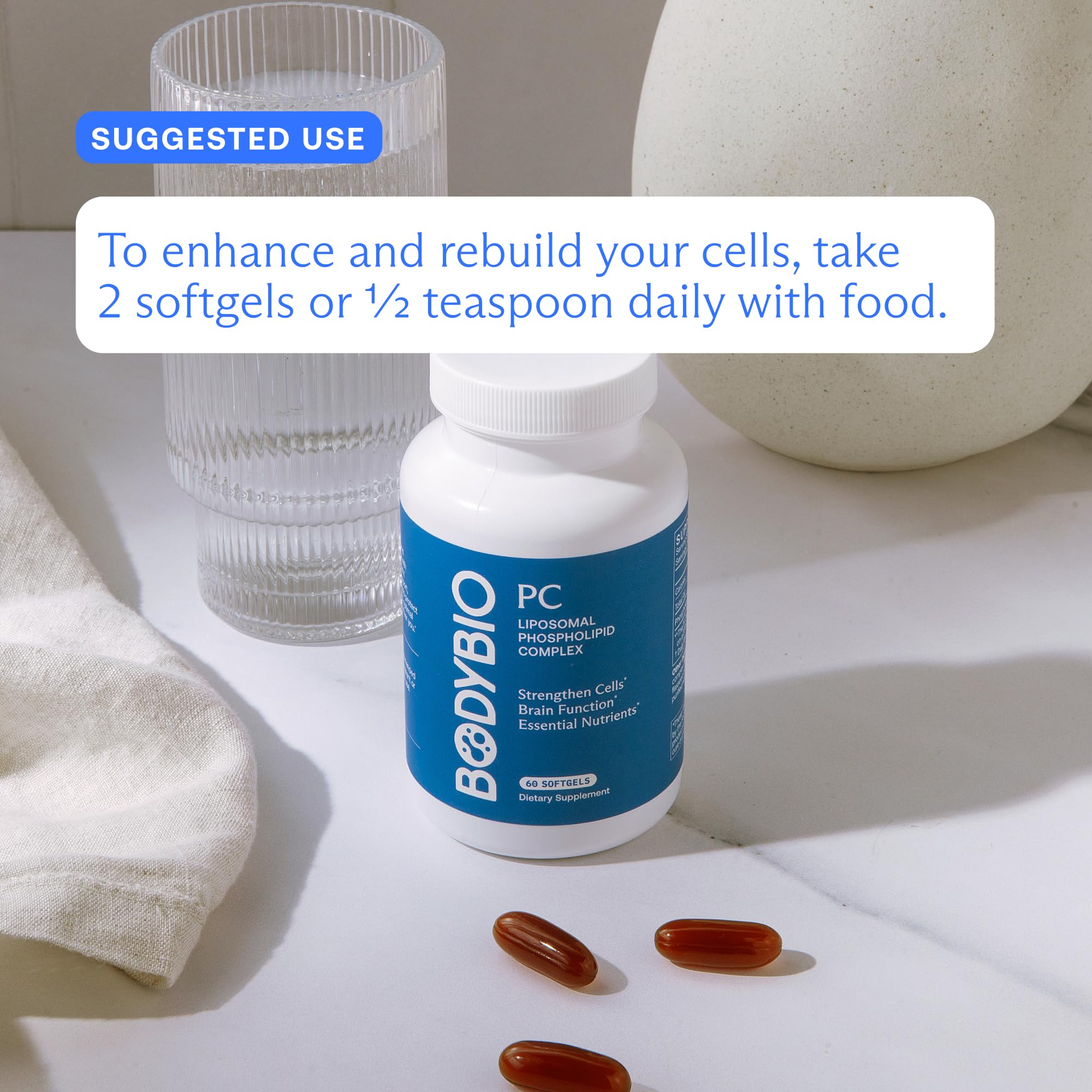 BodyBio PC capsules closeup emphasizes gentle daily supplementation