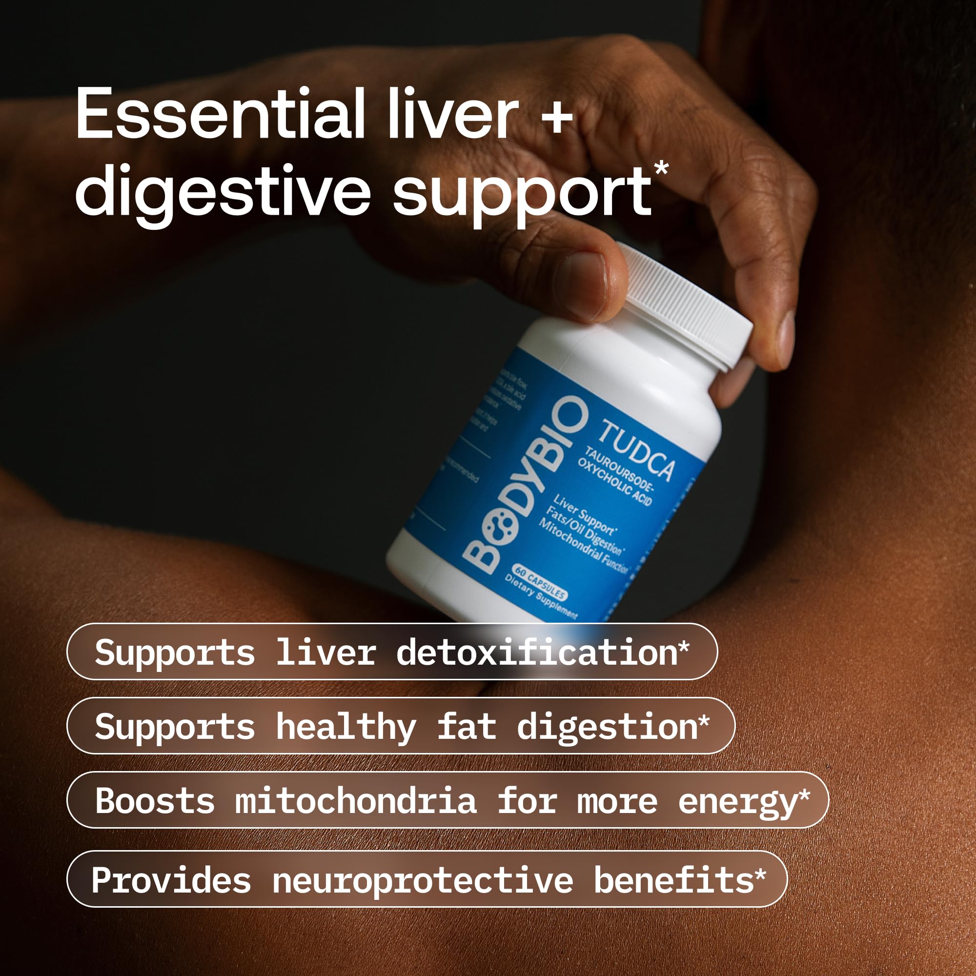 BodyBio TUDCA bottle pour demonstrating easy daily dosing.