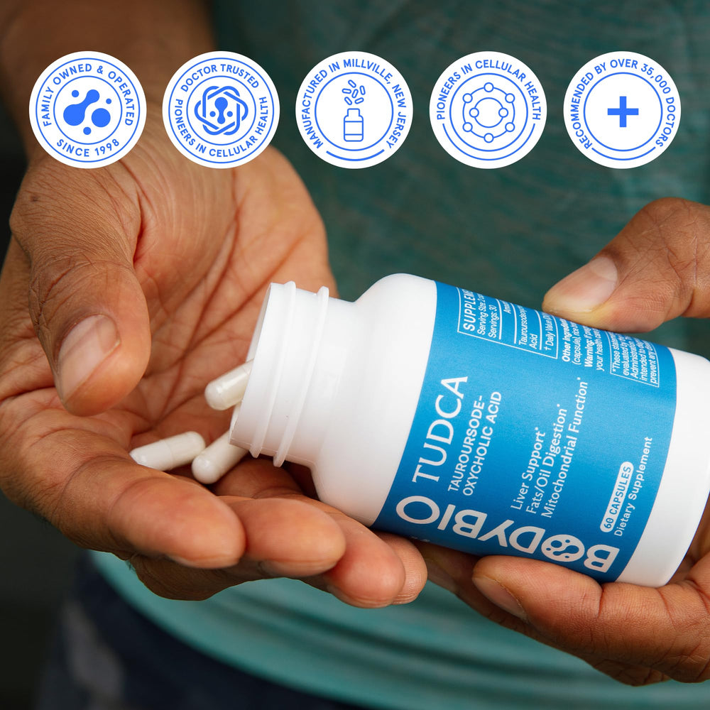 BodyBio TUDCA bottle beside glass of water in daily routine.