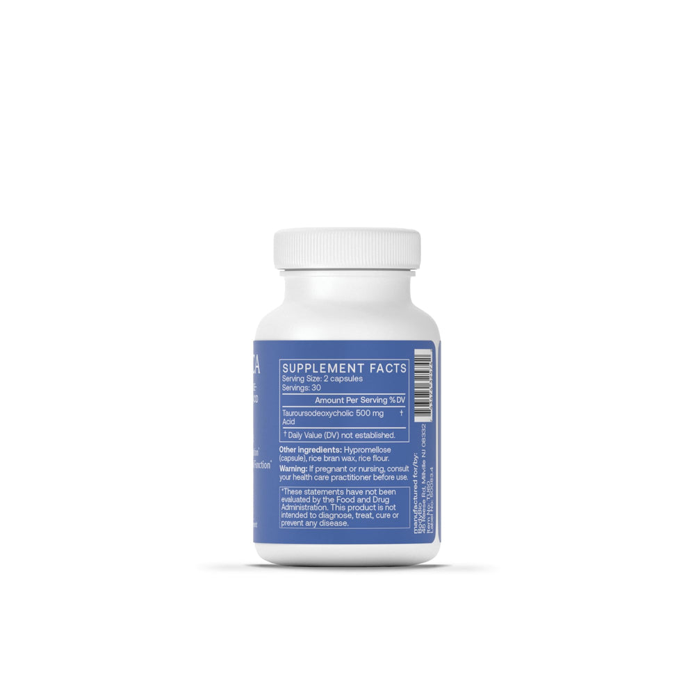 Close-up of BodyBio TUDCA capsules highlighting dosage and clean formula.