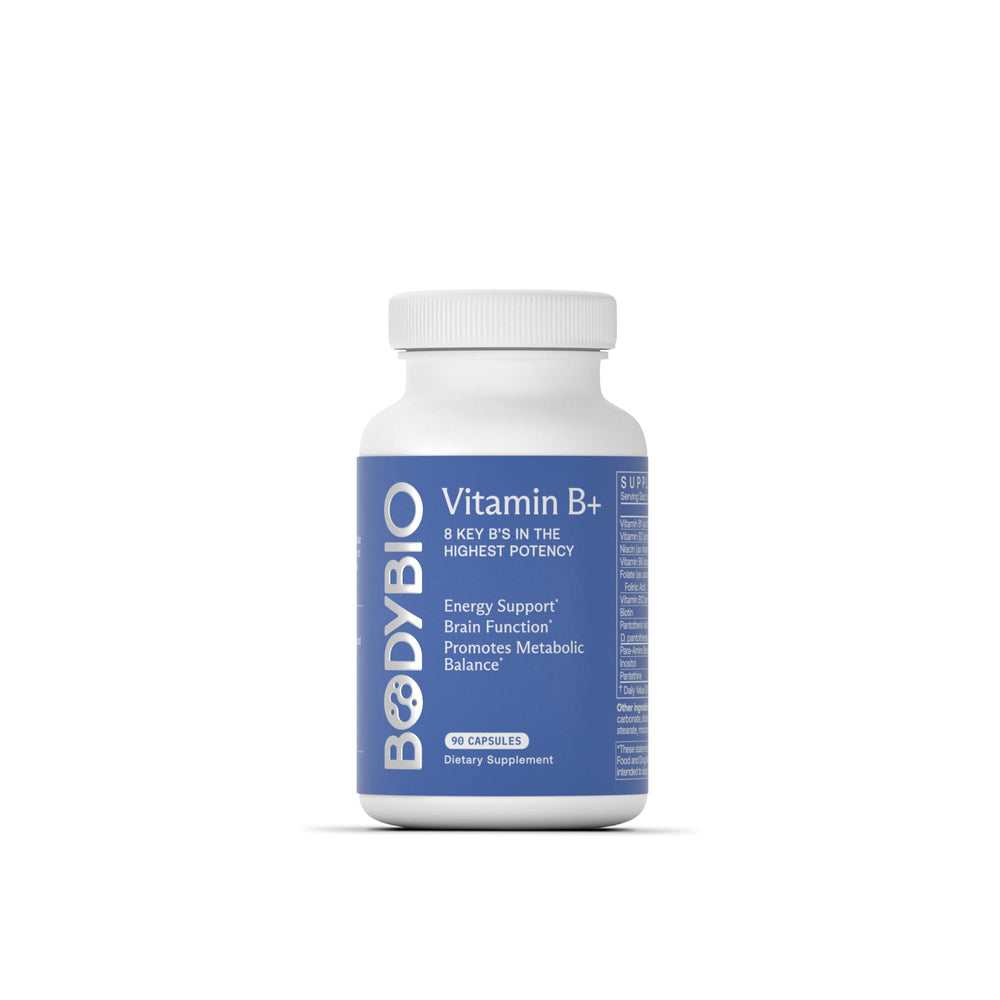 BodyBio Vitamin B+ bottle closeup highlighting clean packaging for immune support and metabolism