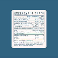 BodyBio Vitamin B+ ingredients panel highlights pure formula with no synthetic folic acid