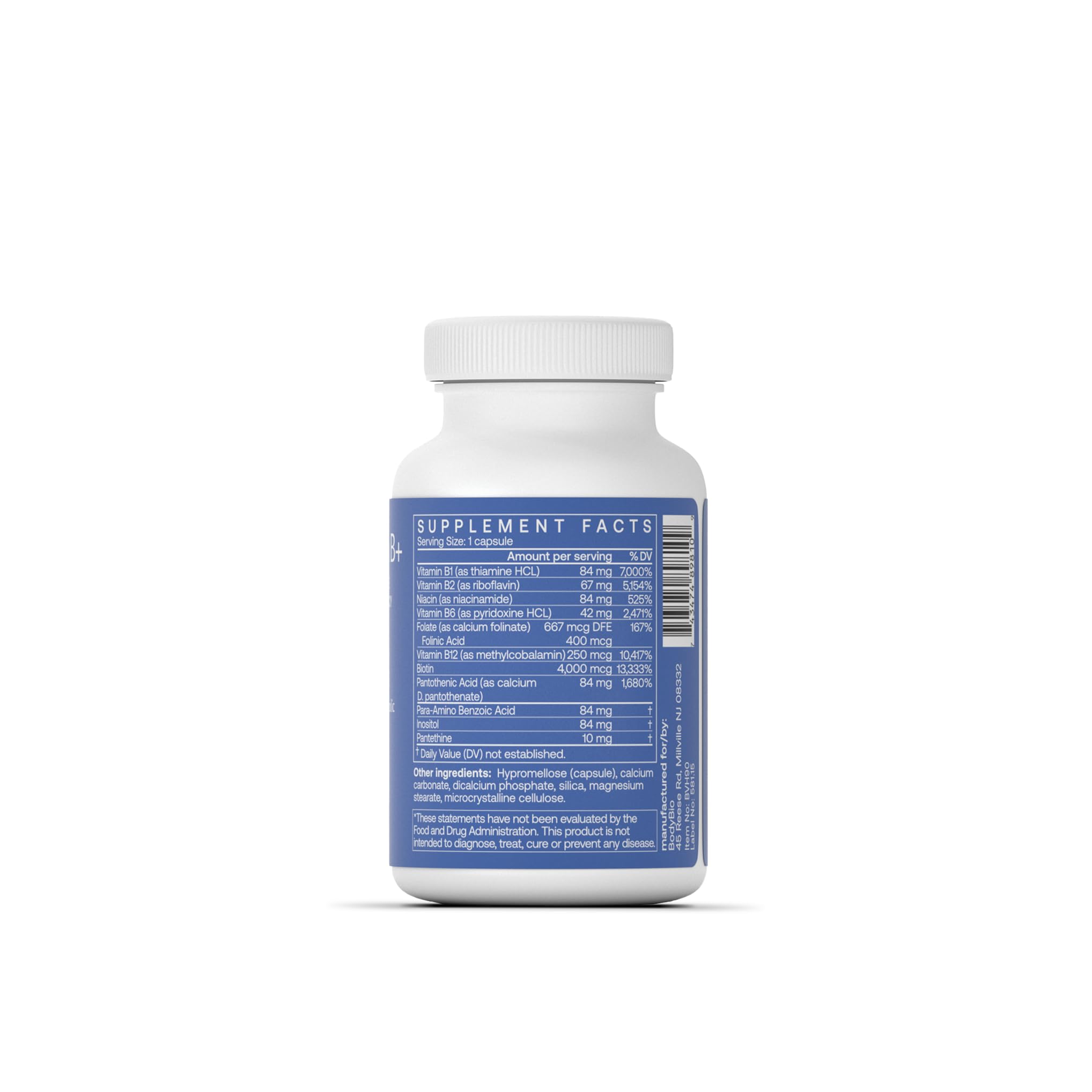 BodyBio Vitamin B+ label details showcase nine essential B vitamins for nervous system health