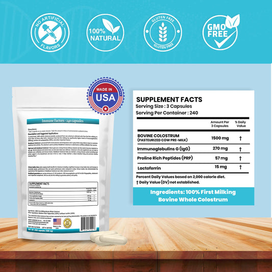 BodyBoost Colostrum Capsules side view highlights grass-fed bovine origin.