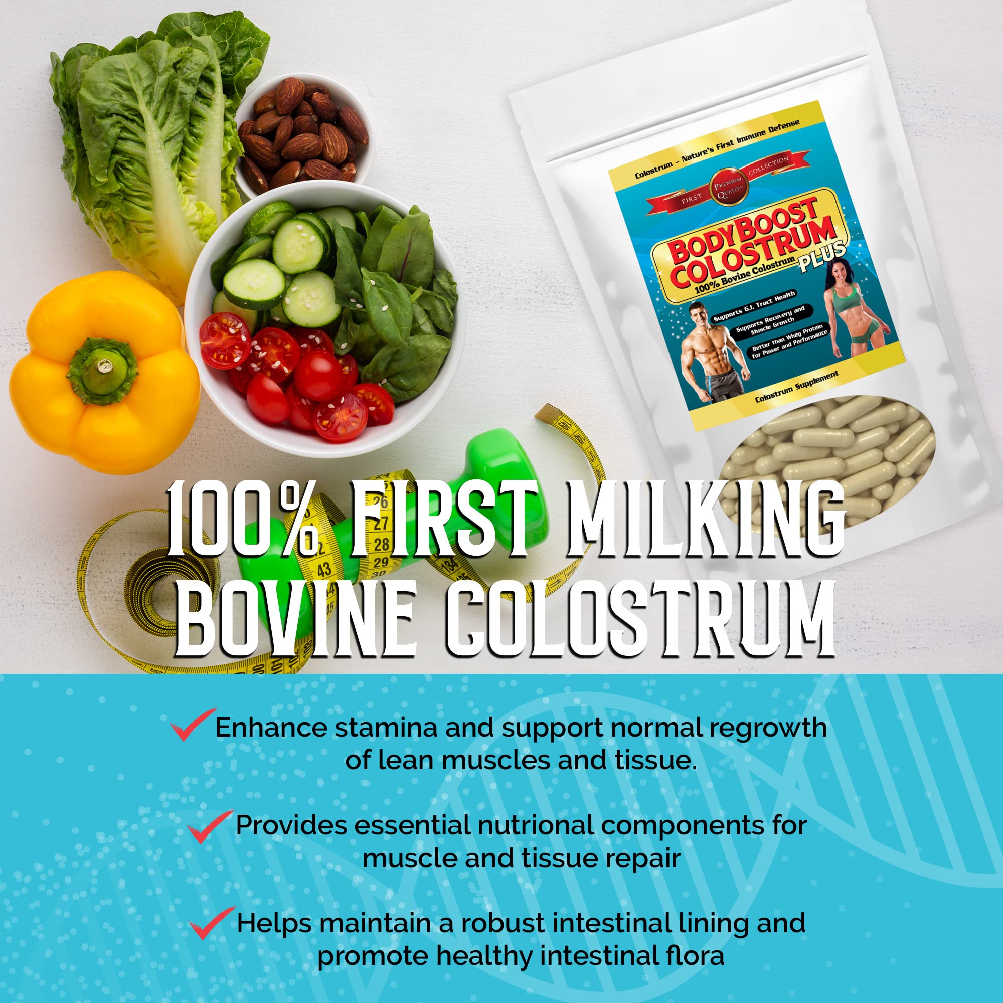 BodyBoost Colostrum Capsules poured into smoothie demonstrates easy mix into beverages.