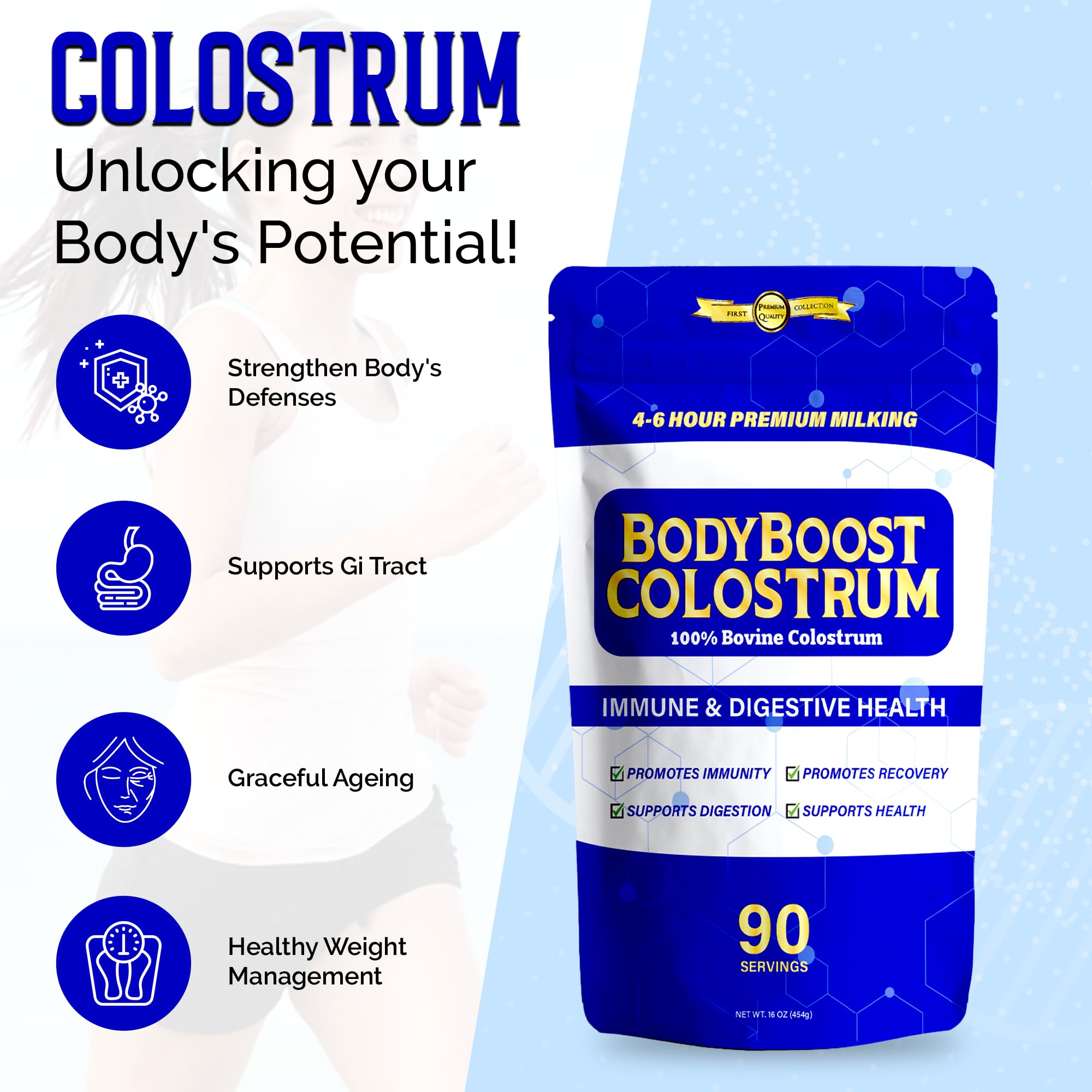 BodyBoost Premium Colostrum powder scoop for easy daily dosing