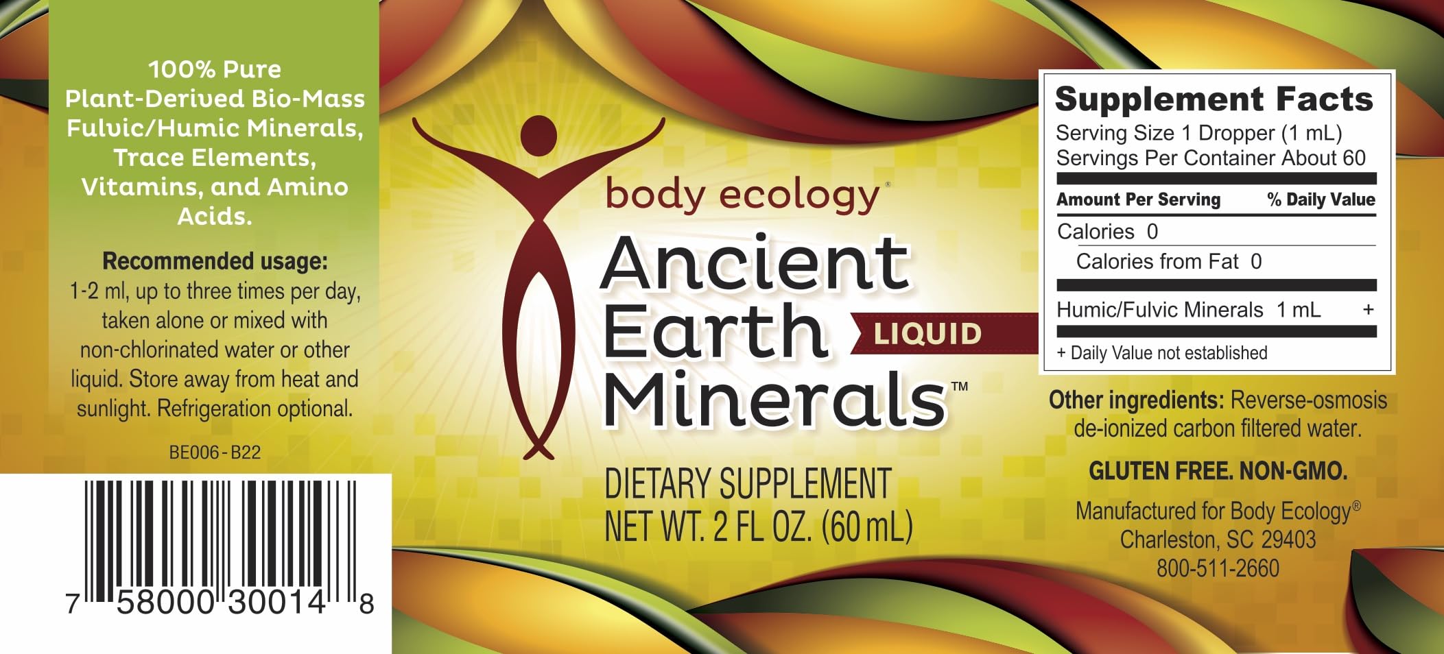Body Ecology Ancient Earth Minerals label closeup emphasizes natural, non-GMO mineral blend.