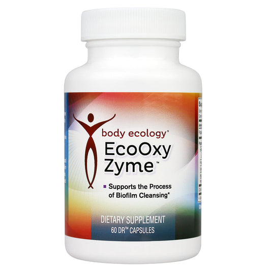 Body Ecology EcoOxyZyme bottle front with non-GMO, vegan-friendly packaging for gut health.