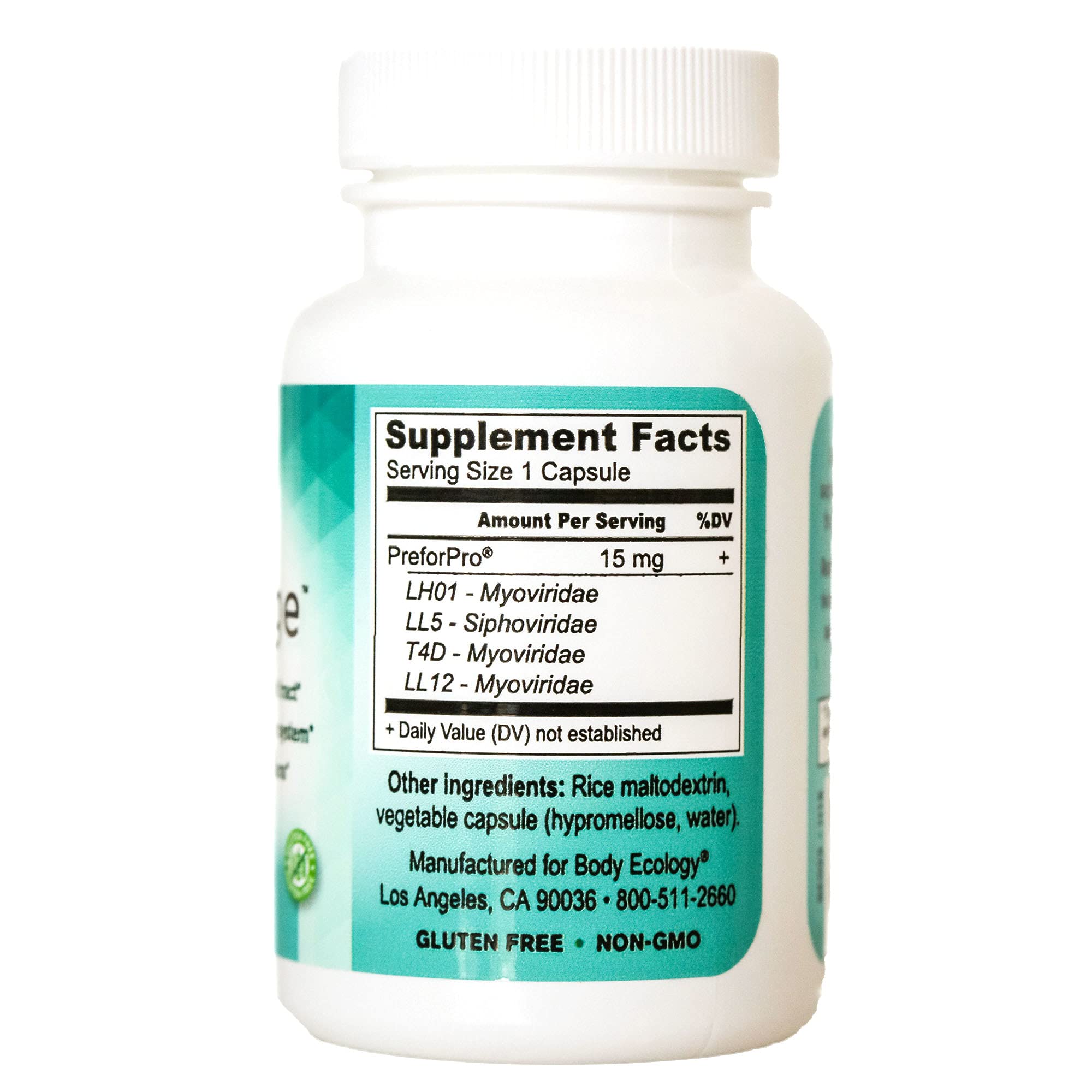 Body Ecology EcoPhage capsules close-up show prebiotic and probiotic blend for gut balance