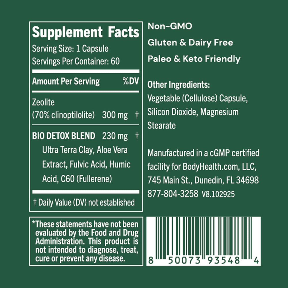 BodyHealth Bio Detox capsules being poured for convenient daily use.