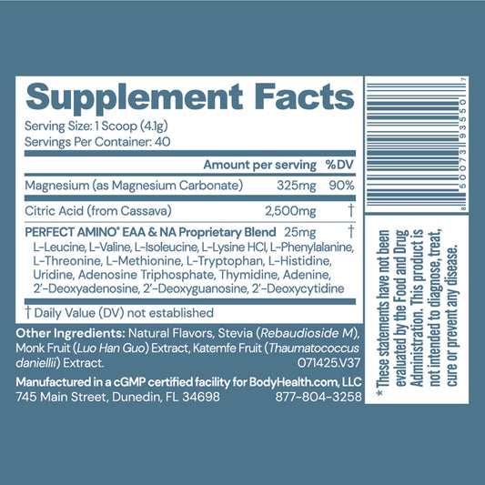 BodyHealth Body Calm label close-up highlighting vegan ingredients and clean formula.