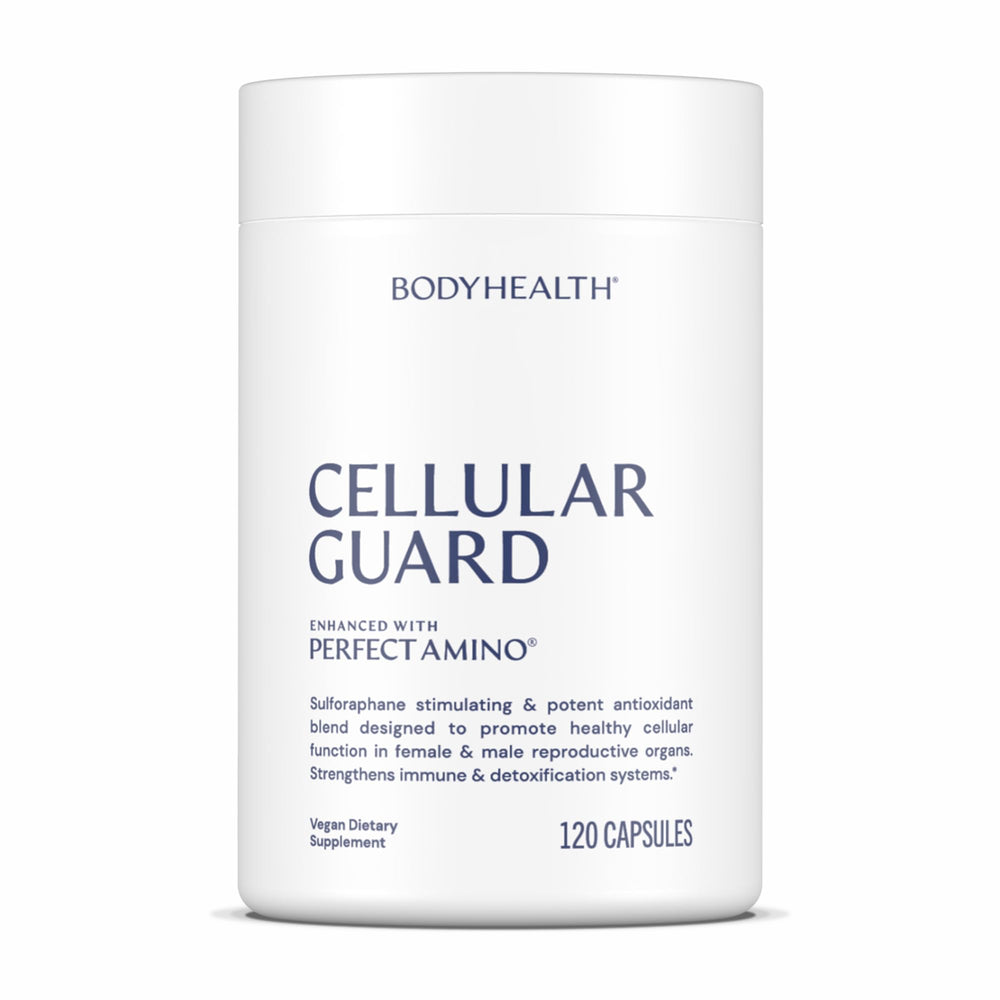 BodyHealth Cellular Guard bottle with capsules, signaling daily immune and antioxidant support