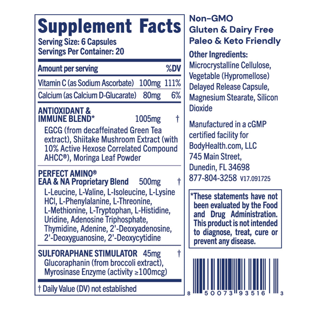 BodyHealth Cellular Guard capsules on white background, convenient daily supplementation for immune resilience