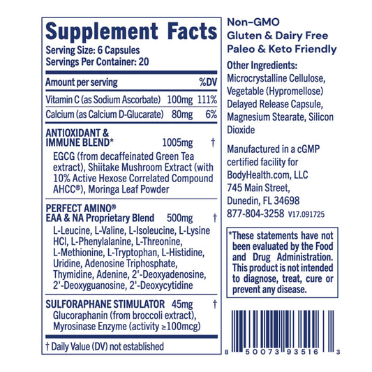 BodyHealth Cellular Guard capsules on white background, convenient daily supplementation for immune resilience
