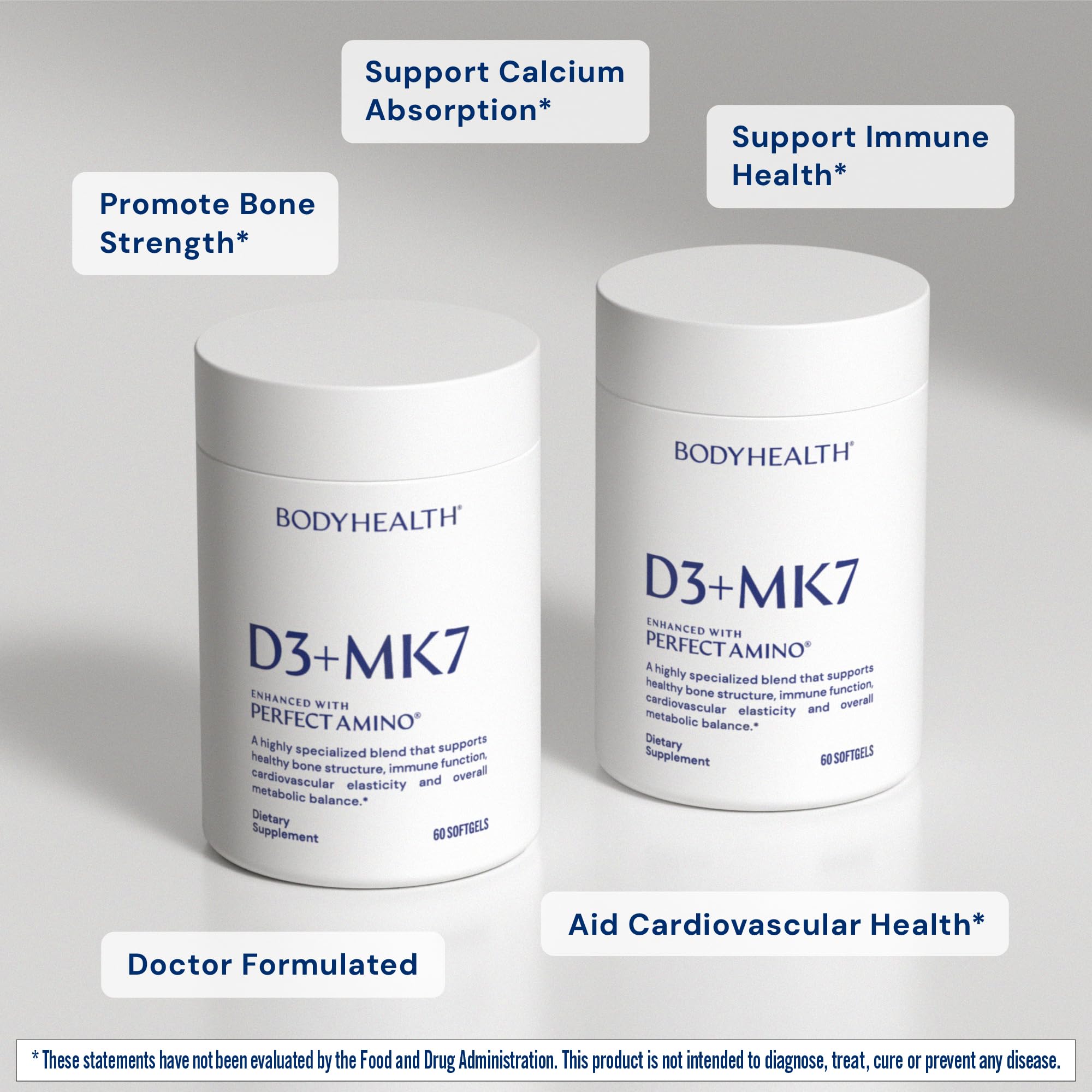Lifestyle shot of BodyHealth D3 + MK7 bottle on a kitchen counter.