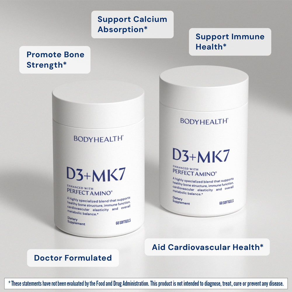 Lifestyle shot of BodyHealth D3 + MK7 bottle on a kitchen counter.