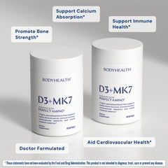 Lifestyle shot of BodyHealth D3 + MK7 bottle on a kitchen counter.