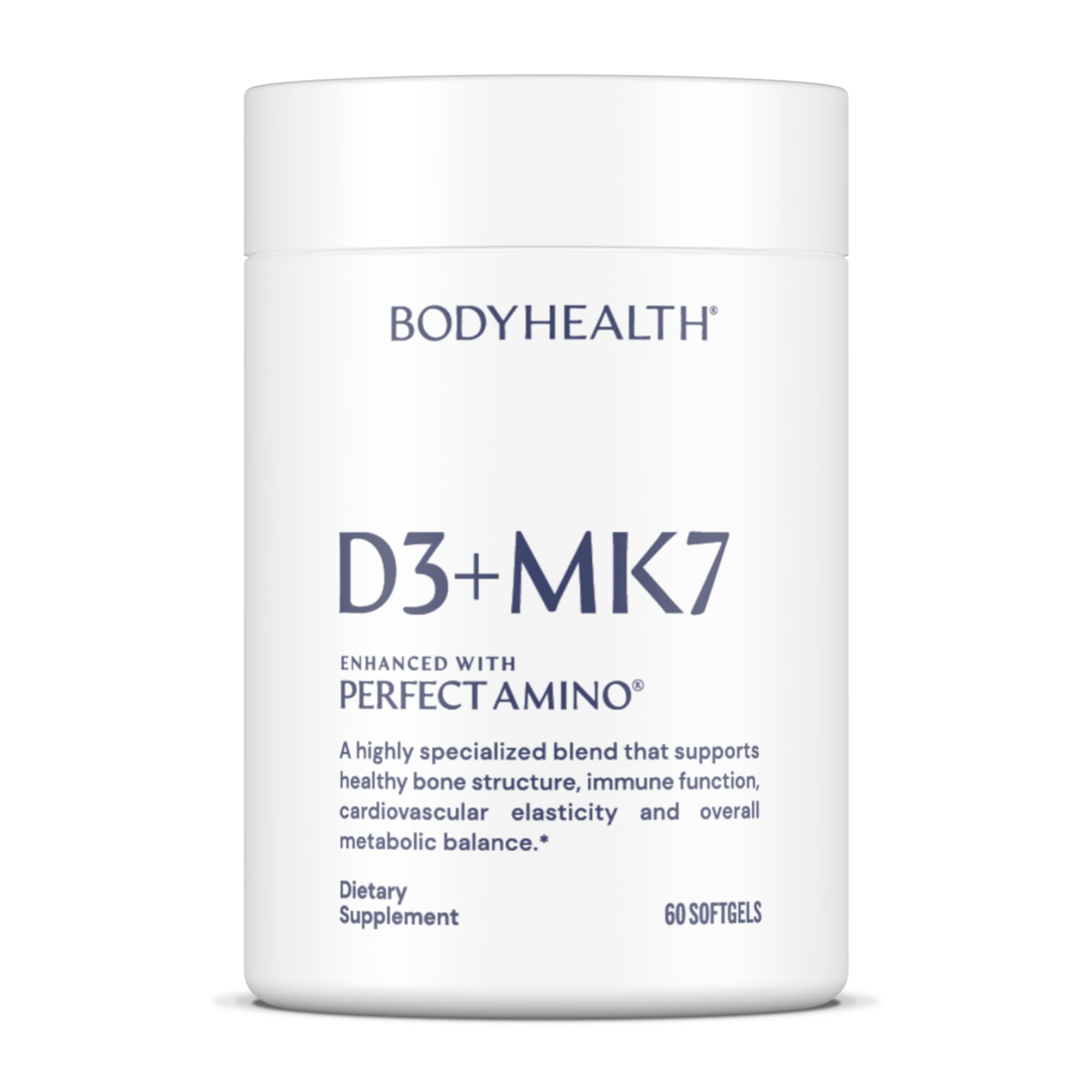 BodyHealth D3 + MK7 bottle with softgels for bone support and calcium absorption.