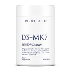 BodyHealth D3 + MK7 bottle with softgels for bone support and calcium absorption.