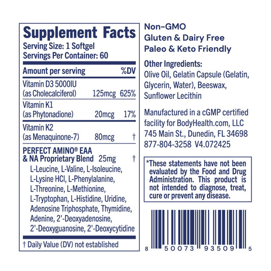 Close-up of BodyHealth D3 + MK7 softgels highlighting high-potency vitamin trio.
