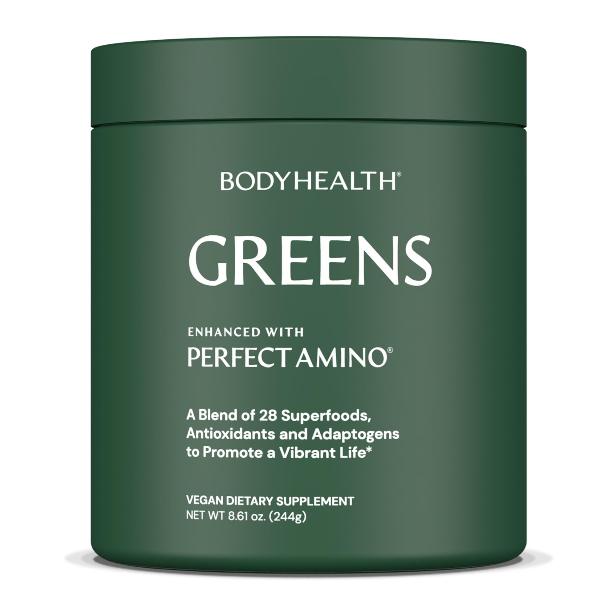 BodyHealth Greens Enhanced with PerfectAmino bottle ready for a daily smoothie.