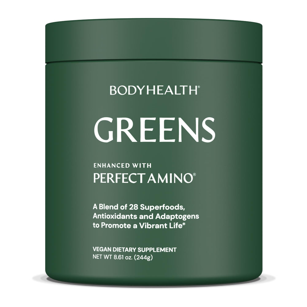 BodyHealth Greens Enhanced with PerfectAmino bottle ready for a daily smoothie.