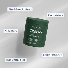 BodyHealth Greens powder in spoon for antioxidant support.