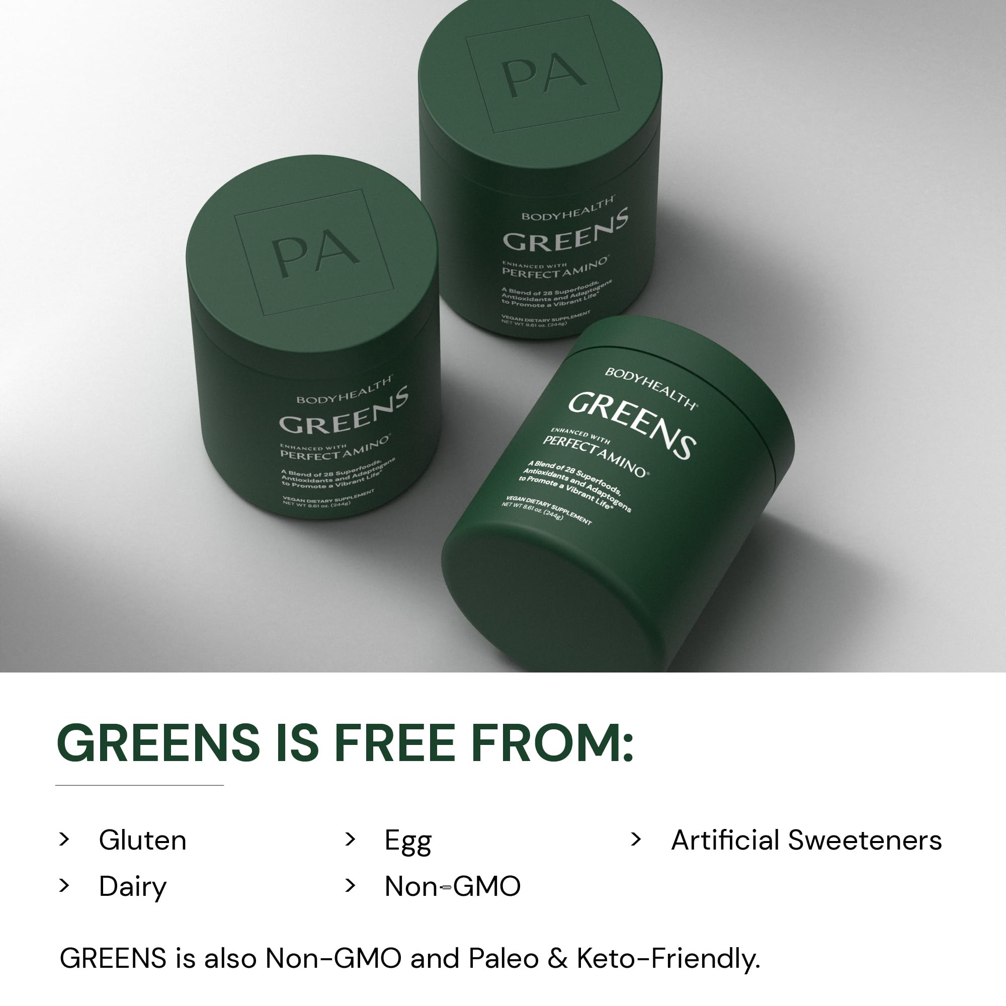 BodyHealth Greens jar emphasizes vegan and gluten-free ingredients.