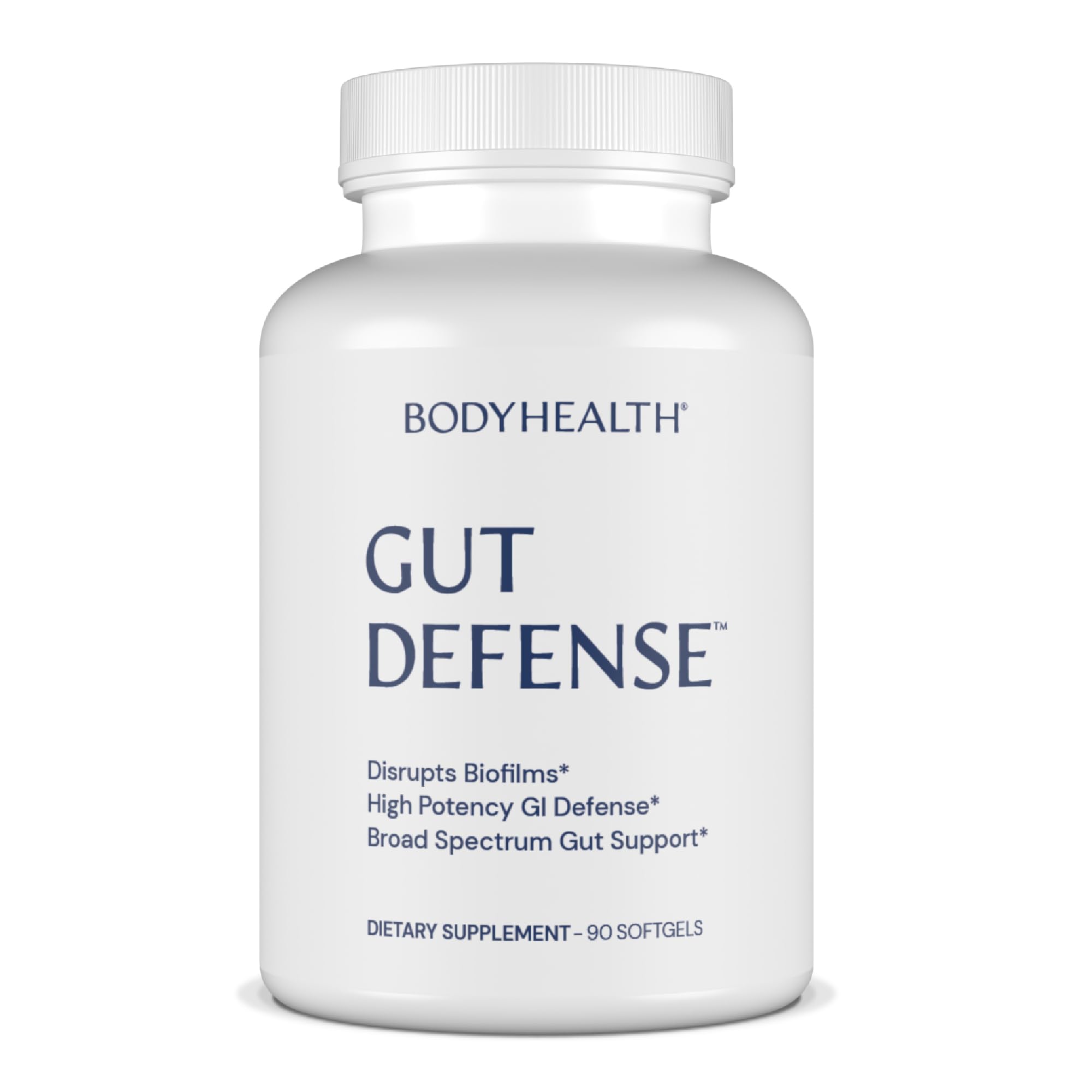 BodyHealth Gut Defense bottle front view showcasing convenient softgels for daily gut support.