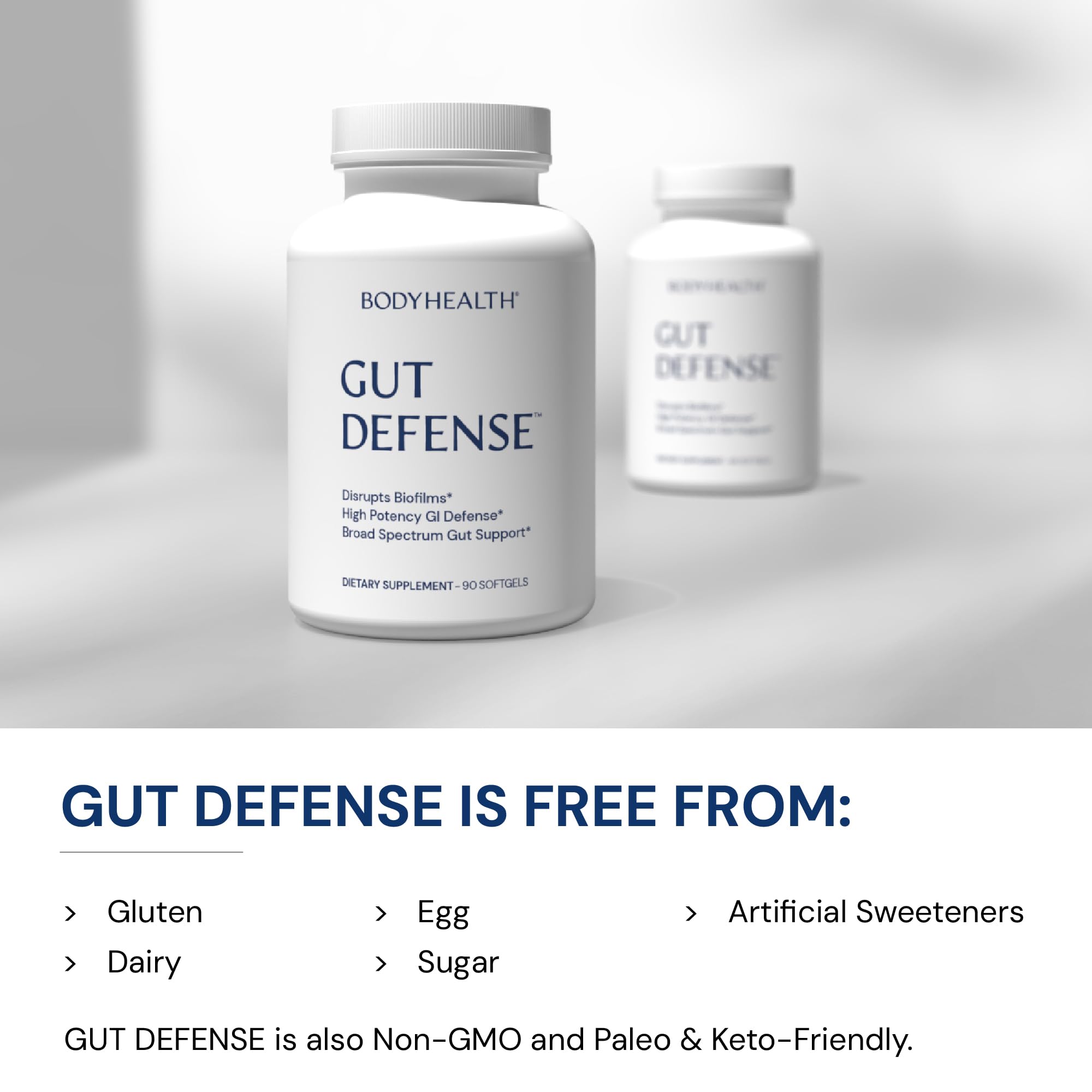BodyHealth Gut Defense softgels close-up emphasizing easy-to-swallow daily routine.