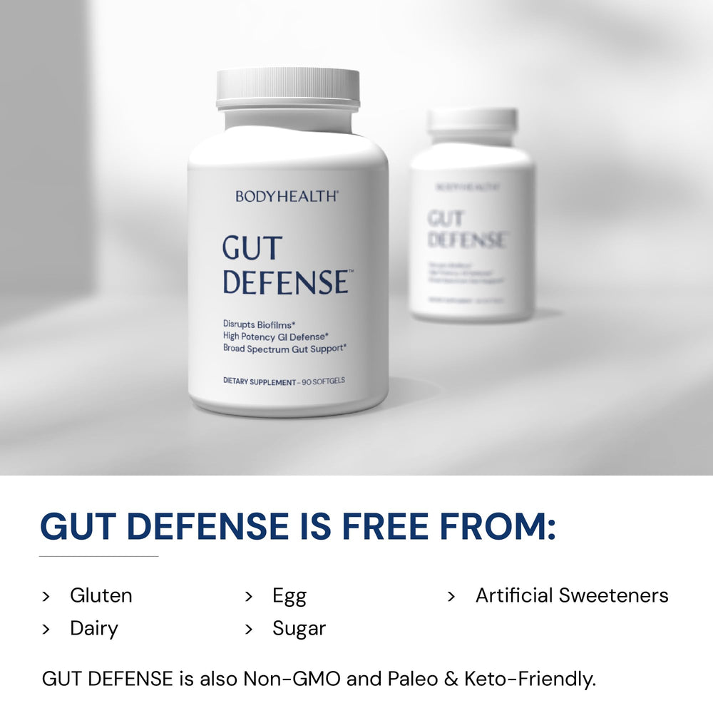 BodyHealth Gut Defense softgels close-up emphasizing easy-to-swallow daily routine.