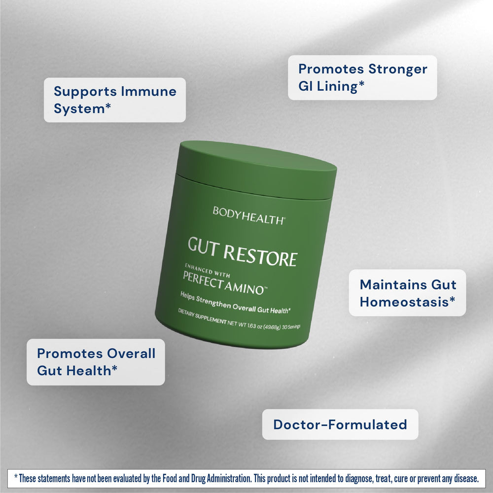 Close-up of Gut Restore label highlighting dairy and gluten-free formulation