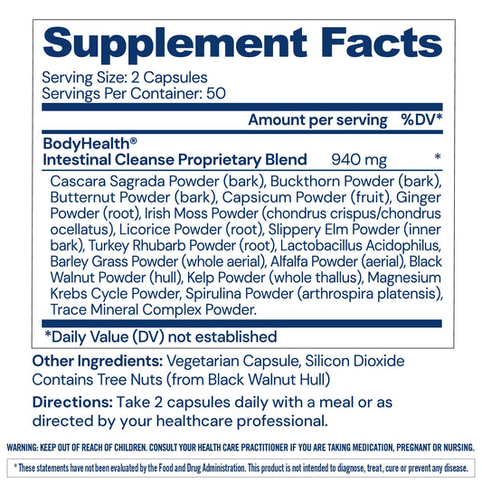 BodyHealth Intestinal Cleanse capsules closeup highlighting convenient daily laxative support.