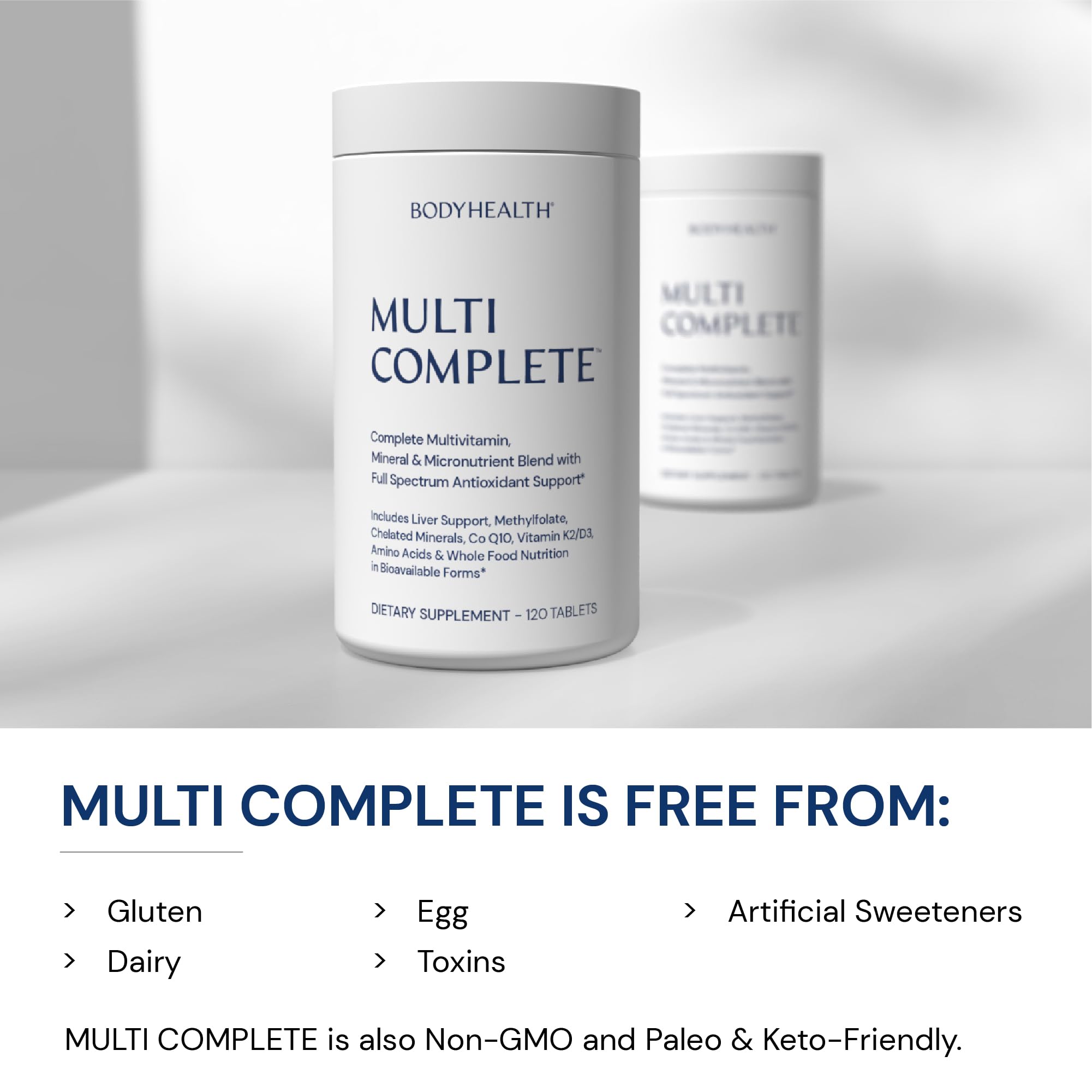 BodyHealth Multi Complete vegan-friendly packaging emphasizes clean ingredients